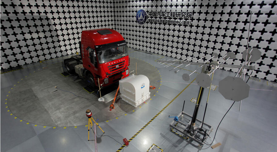 Truck in EMC chamber with antennas